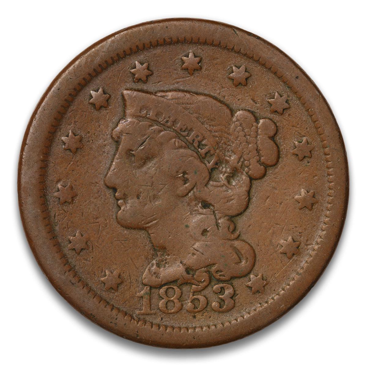 US 1 Cent Braided Hair 1853 Non-Certified G-6