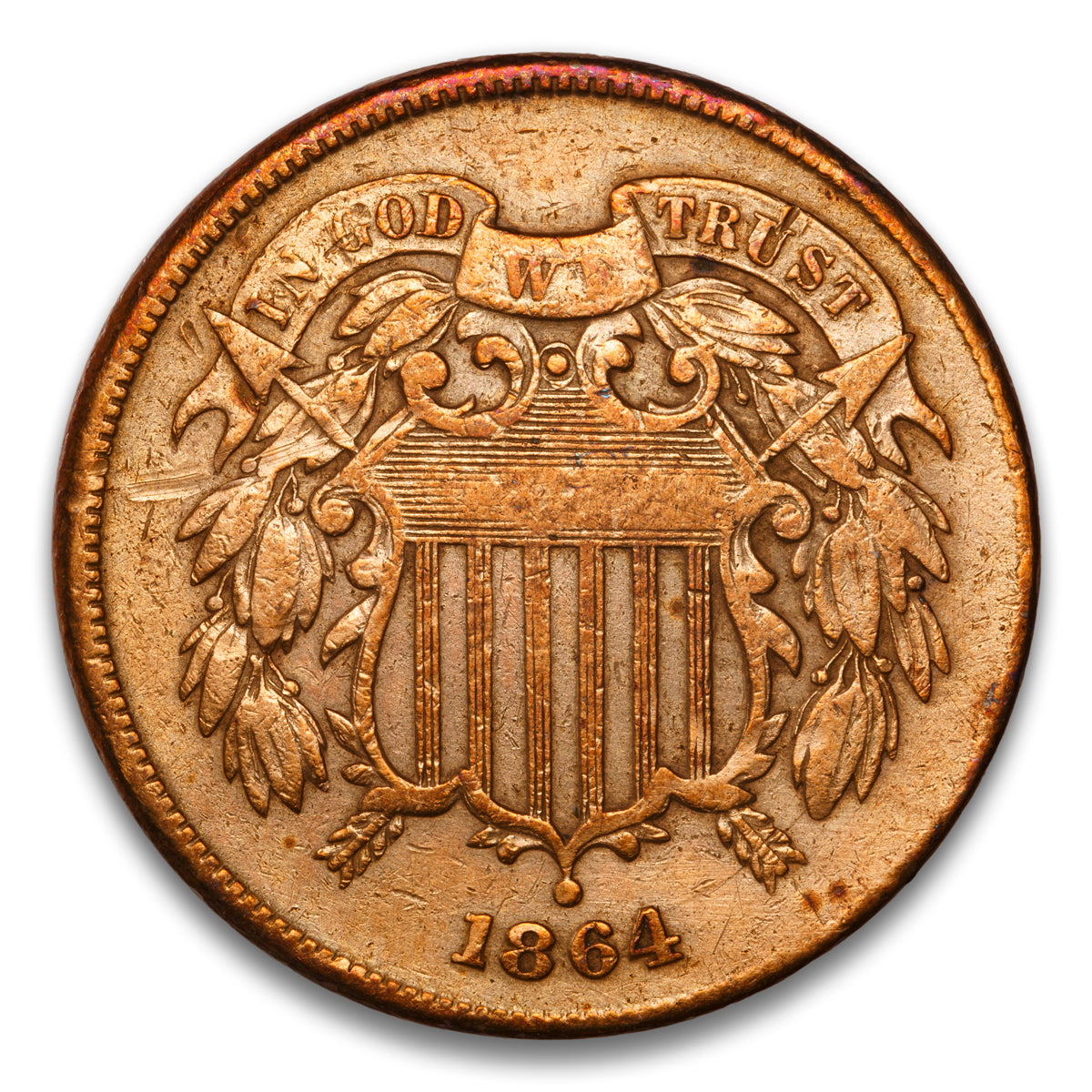 US 2 Cent 1864 Large Motto Non-Certified VF-20 30? CW Rotated Dies