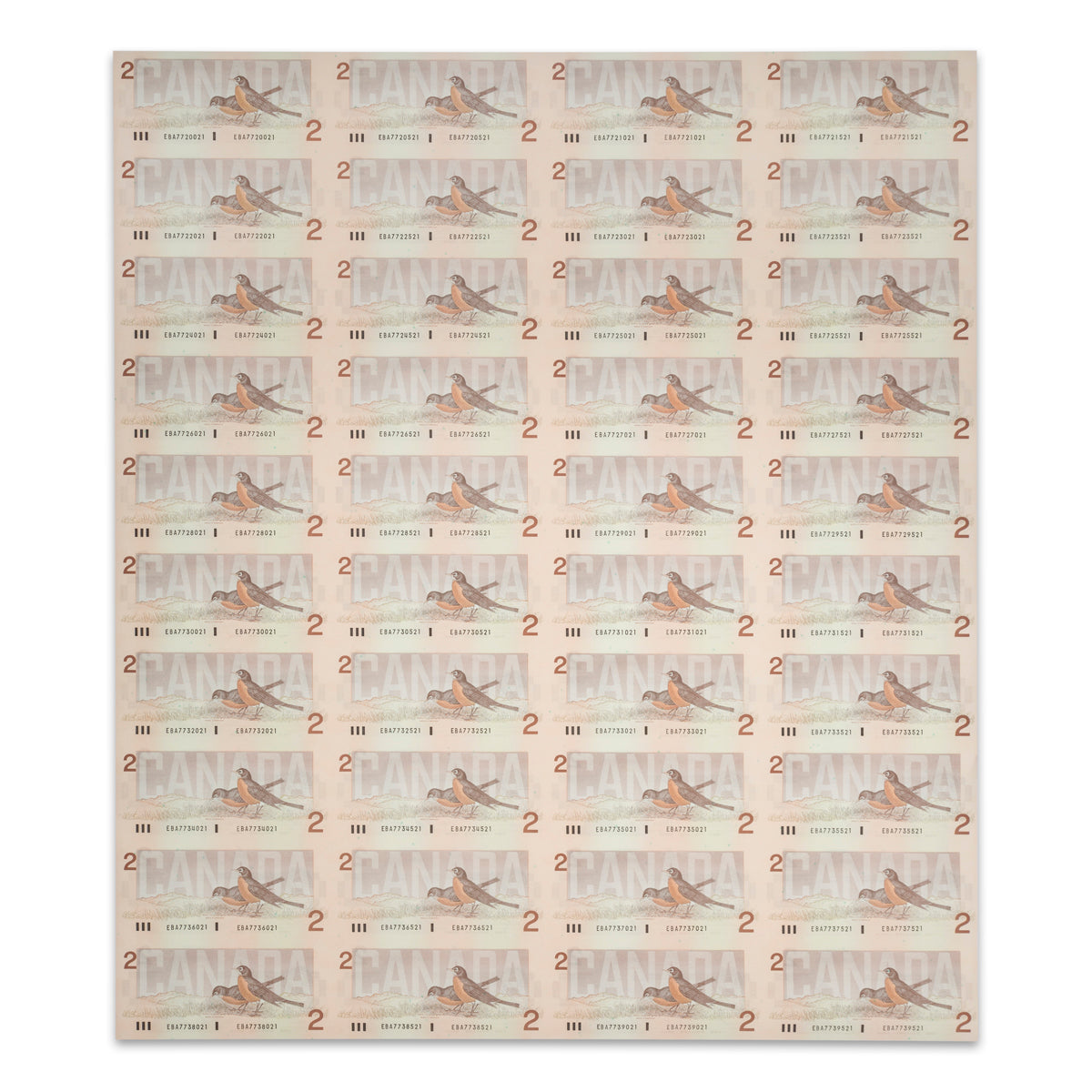 $2 1986 BC-55b-i 10 Consecutive Uncut Banknote Sheets Theissen-Crow Prefix EBA UNC 4x10