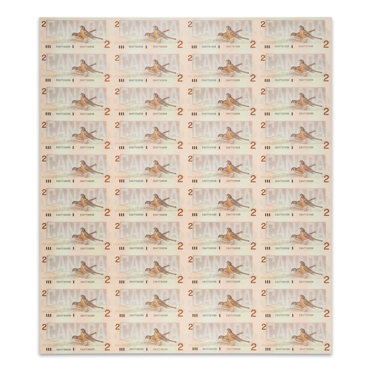 $2 1986 BC-55b-i 10 Consecutive Uncut Banknote Sheets Theissen-Crow Prefix EBA UNC 4x10