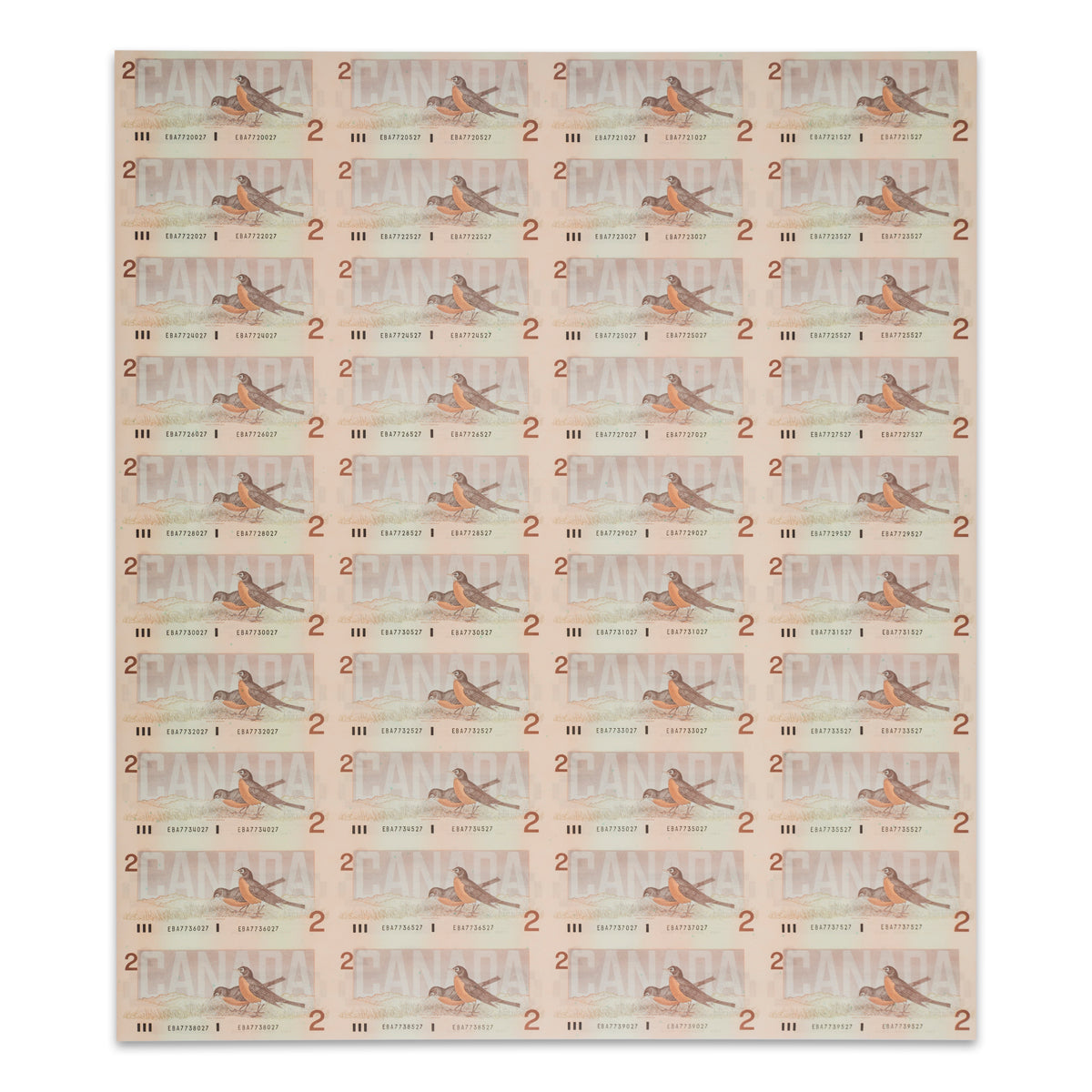 $2 1986 BC-55b-i 10 Consecutive Uncut Banknote Sheets Theissen-Crow Prefix EBA UNC 4x10
