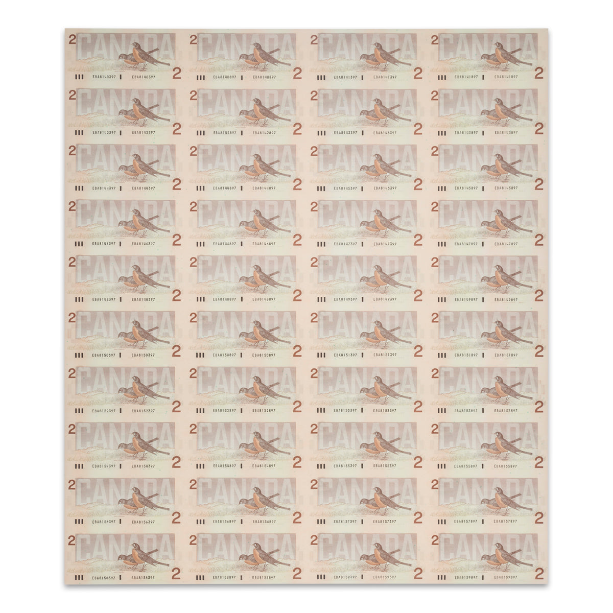 $2 1986 BC-55b-i Uncut Banknote Sheet Theissen-Crow Prefix EBA AU 4x10