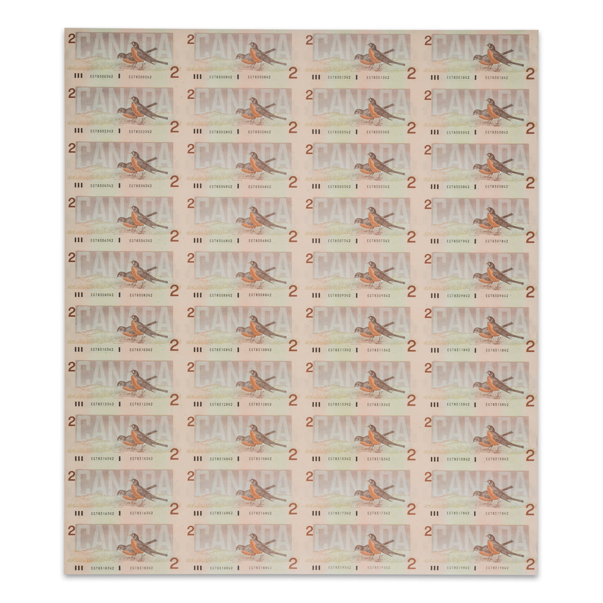 $2 1986 BC-55c-i Uncut Banknote Sheet Bonin-Theissen Prefix EGT AU 4x10