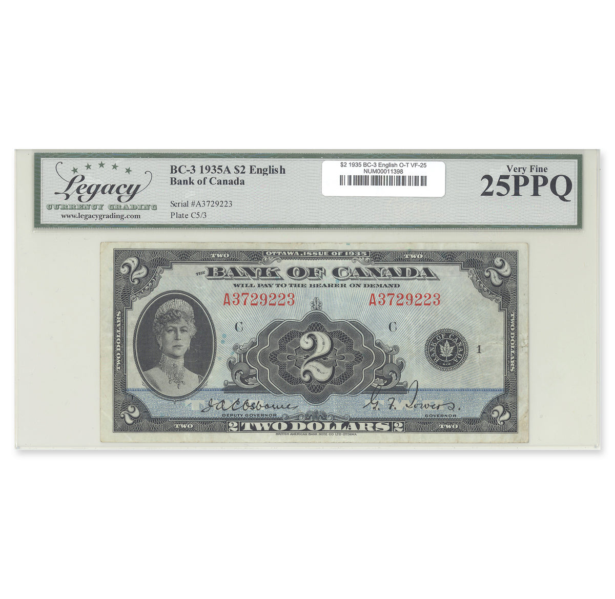 $2 1935 BC-3 English Osborne-Towers Prefix A Legacy VF-25 PPQ