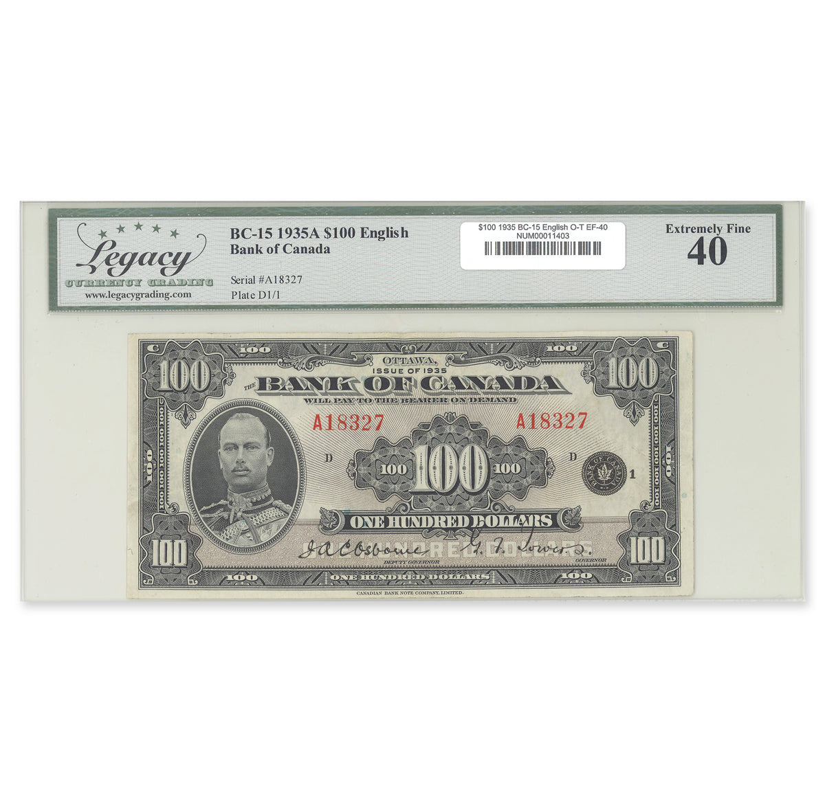 $100 1935 BC-15 English Osborne-Towers Prefix A Legacy EF-40