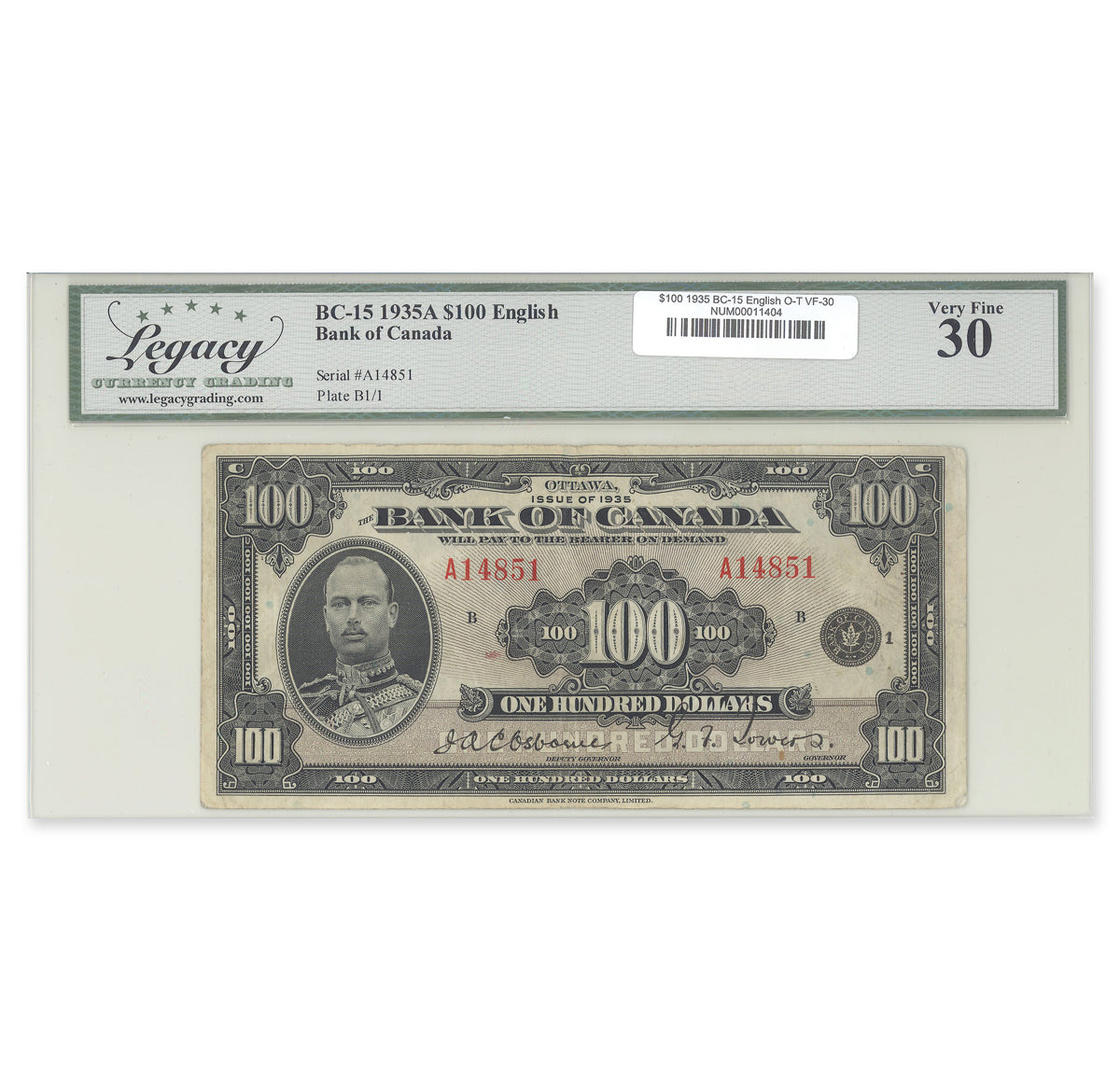 $100 1935 BC-15 English Osborne-Towers Prefix A Legacy VF-30
