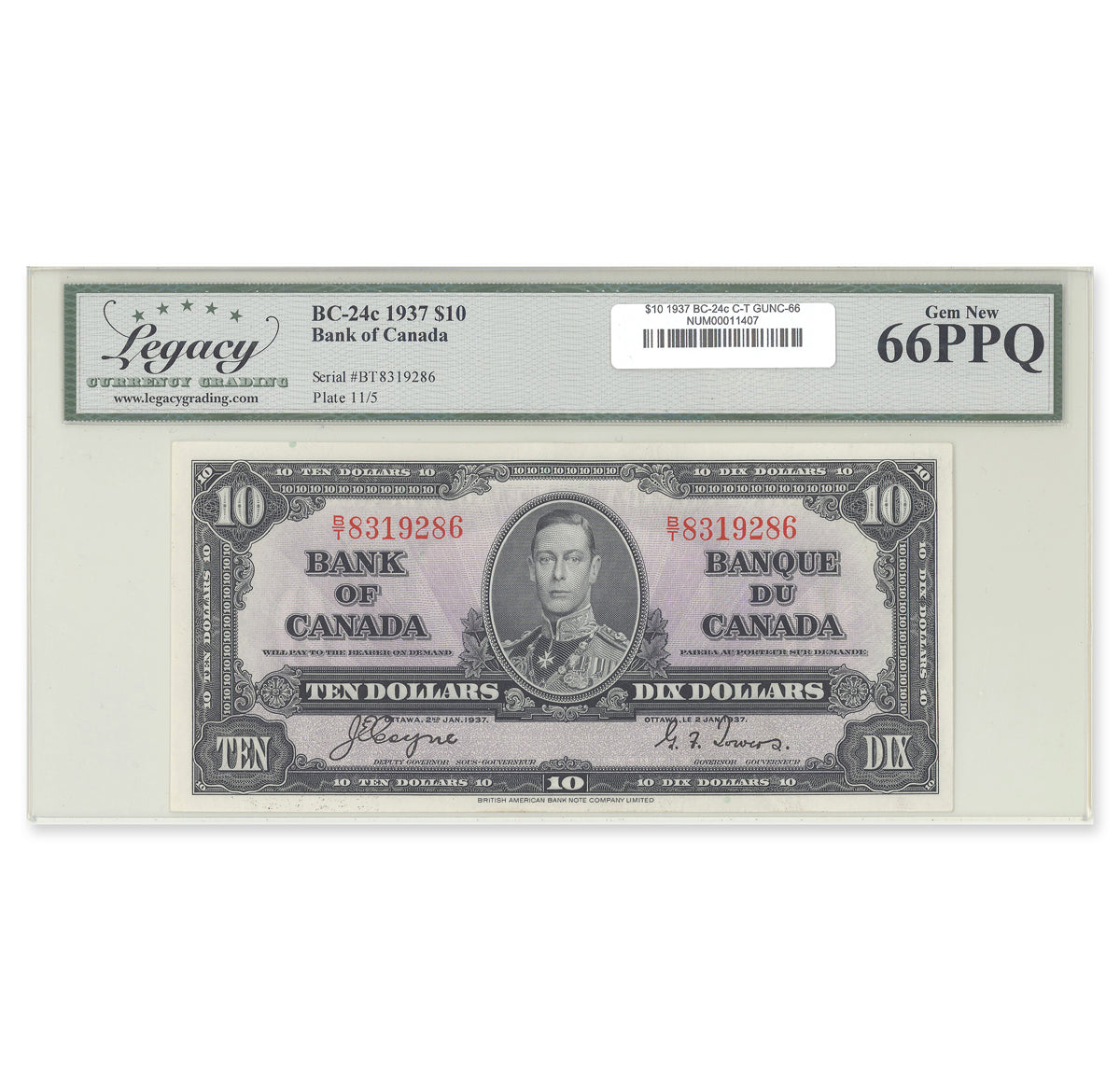 $10 1937 BC-24c Coyne-Towers Prefix B/T Legacy GUNC-66 PPQ