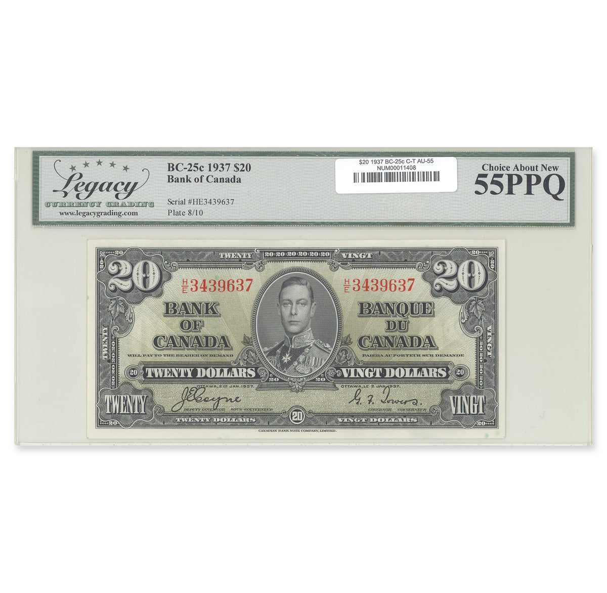 $20 1937 BC-25c Coyne-Towers Prefix H/E Legacy AU-55 PPQ