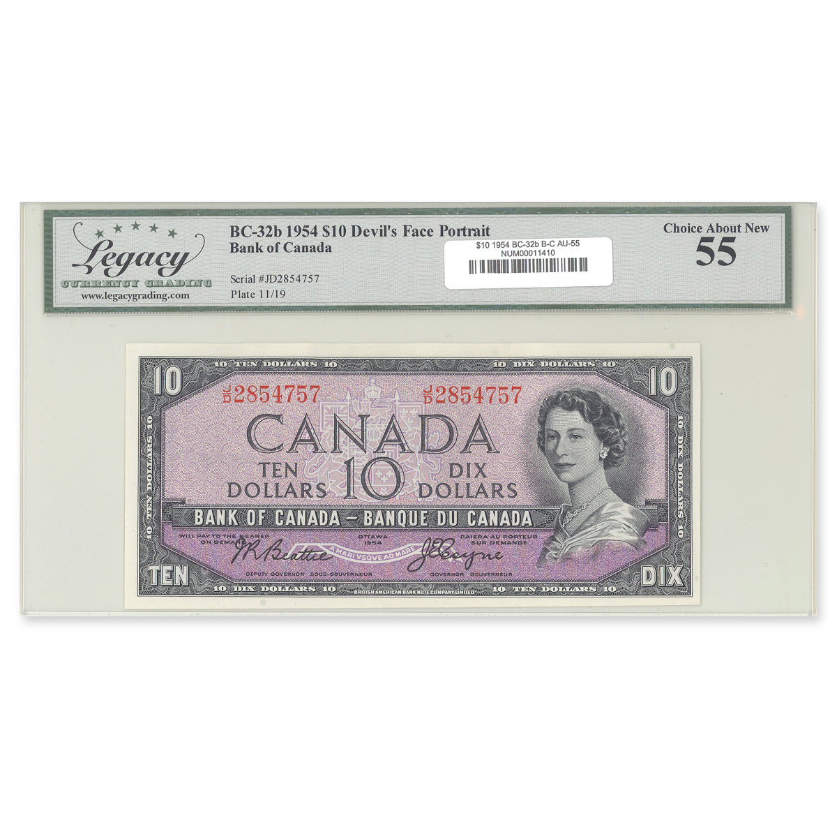 $10 1954 Devil's Face Series BC-32b Beattie-Coyne Prefix J/D Legacy AU-55