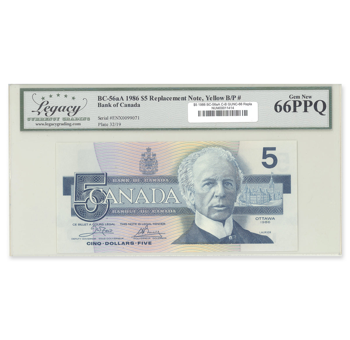 $5 1986 BC-56aA Replacement Crow-Bouey Prefix ENX Legacy GUNC-66 PPQ