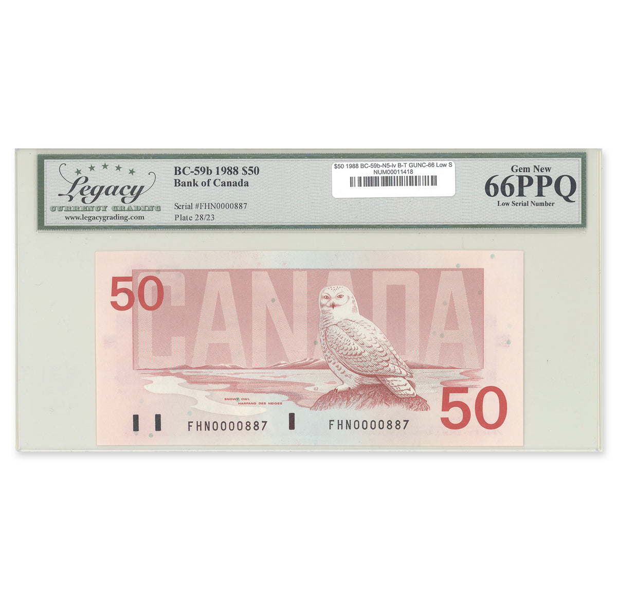 $50 1988 BC-59b-N5-iv Low Serial # Bonin-Thiessen Prefix FHN Legacy GUNC-66 PPQ