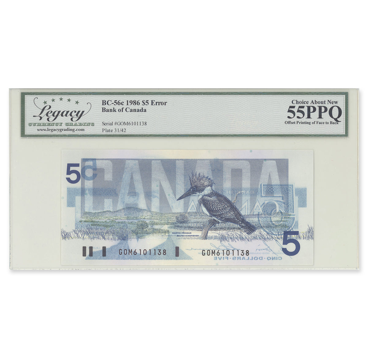 $5 1986 BC-56c-E3-iv Consecutive Printing Error Bonin-Thiessen Prefix GOM Legacy AU-55 PPQ