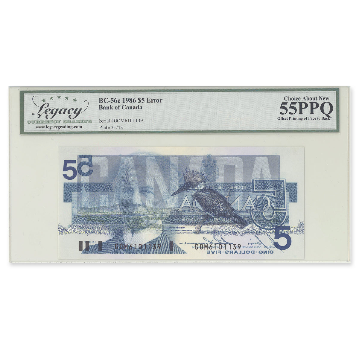 $5 1986 BC-56c-E3-iv Consecutive Printing Error Bonin-Thiessen Prefix GOM Legacy AU-55 PPQ