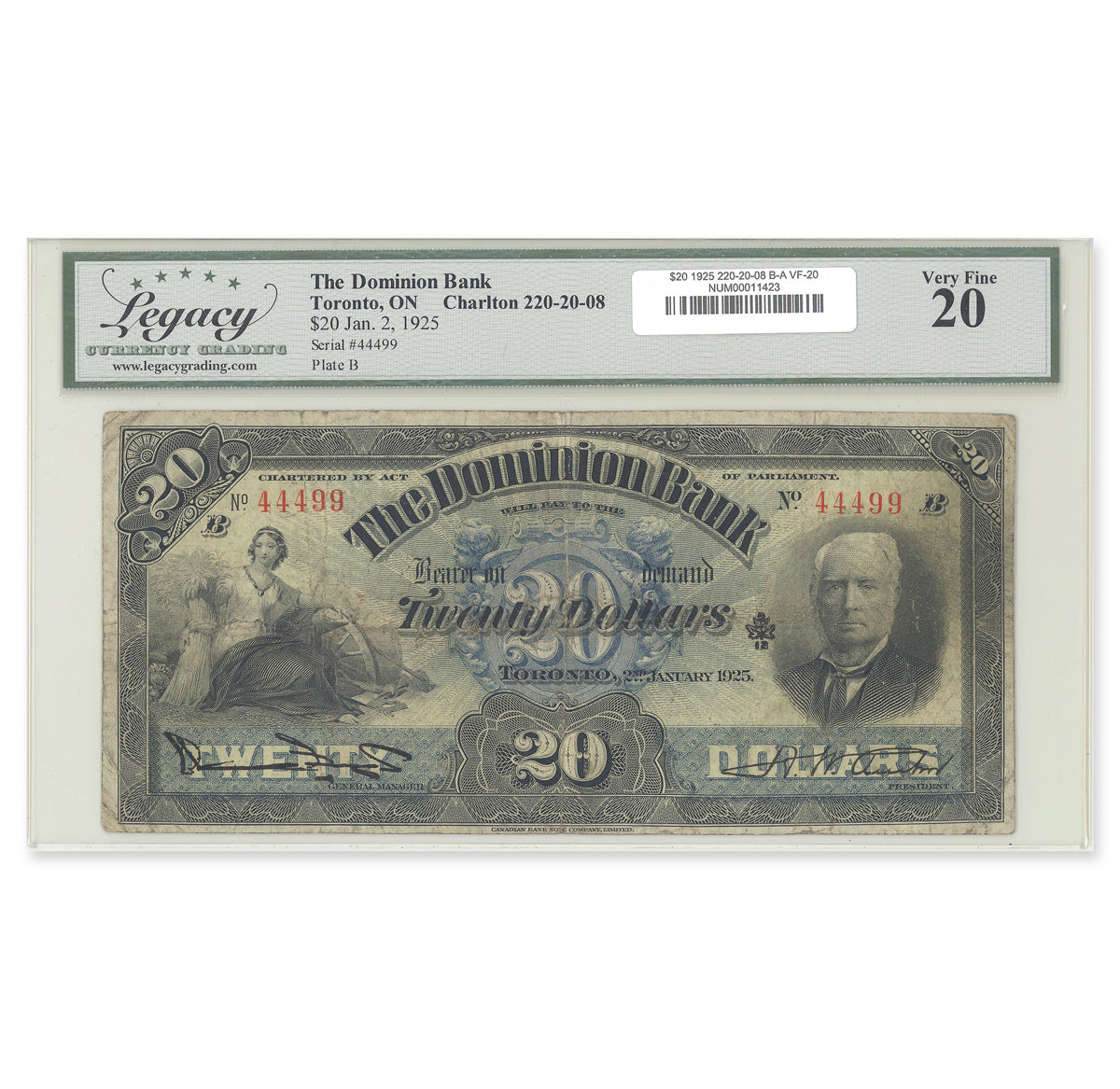 $20 1925 220-20-08 Dominion Bank Bogert-Austin Legacy VF-20