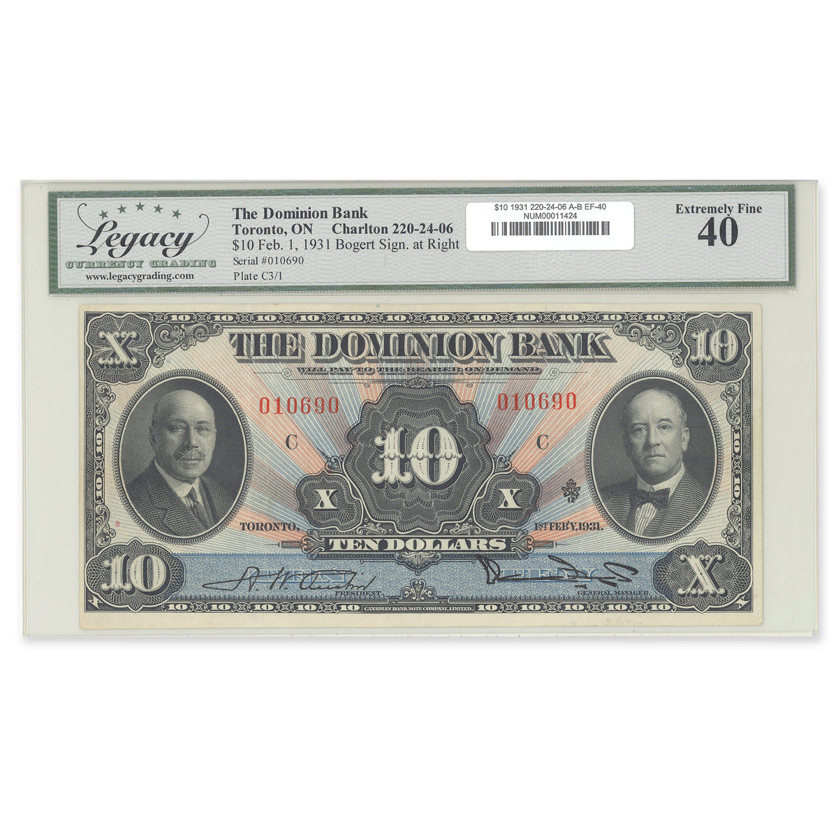 $10 1931 220-24-06 Dominion Bank Austin-Bogert Legacy EF-40