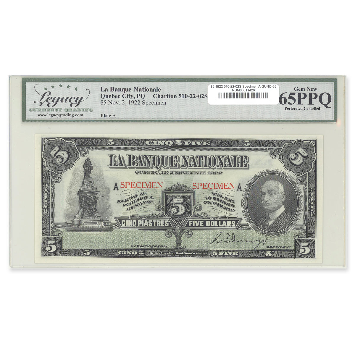 $5 1922 510-22-02S Specimen Le Banque Nationale Legacy GUNC-65 PPQ