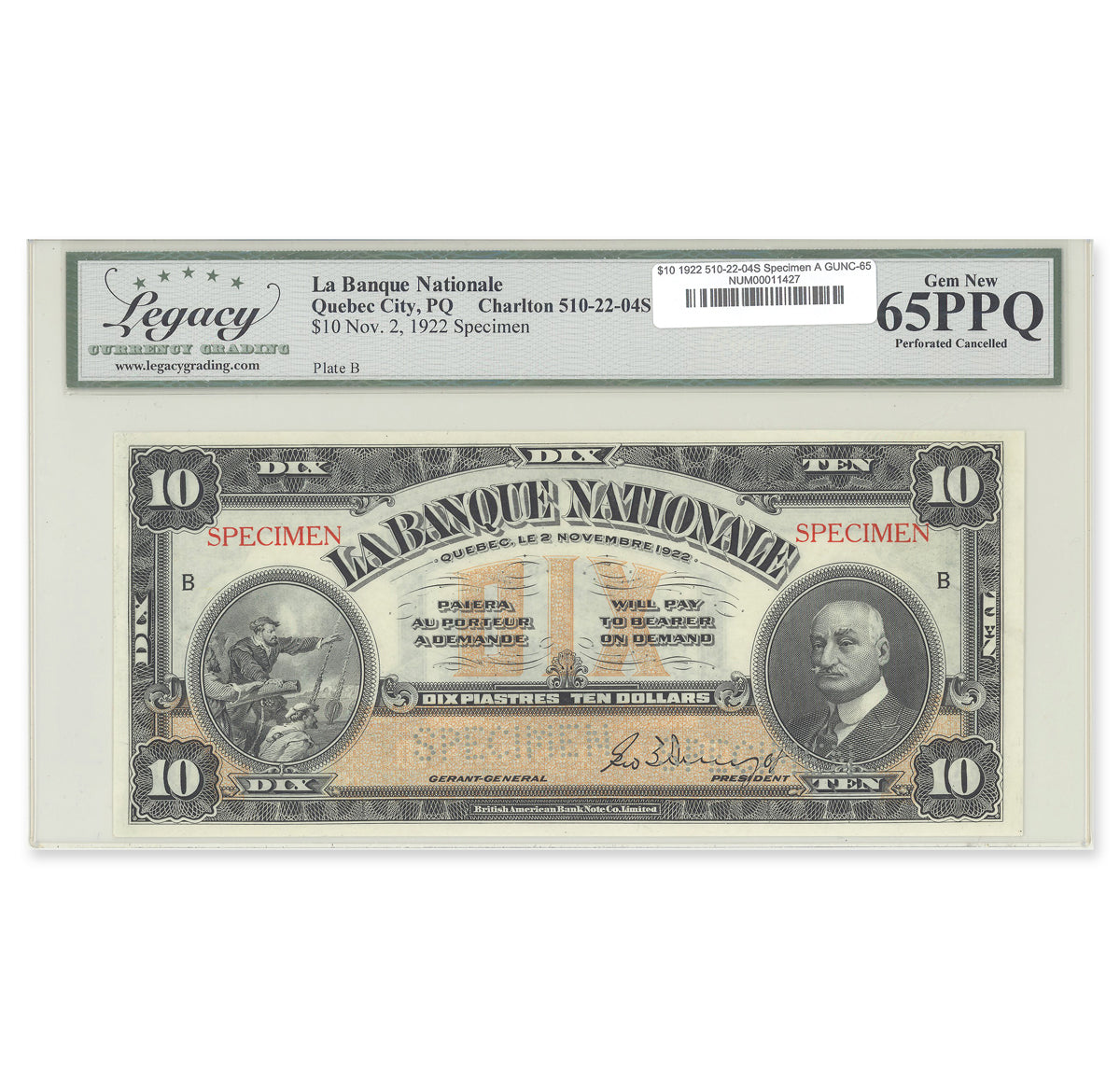 $10 1922 510-22-04S Specimen Le Banque Nationale Legacy GUNC-65 PPQ