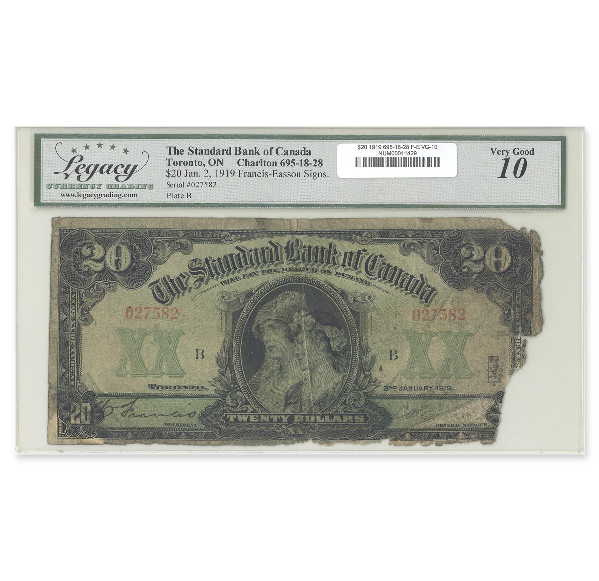 $20 1919 695-18-28 Standard Bank of Canada Francis-Easson Legacy VG-10 - ONLY 14 KNOWN