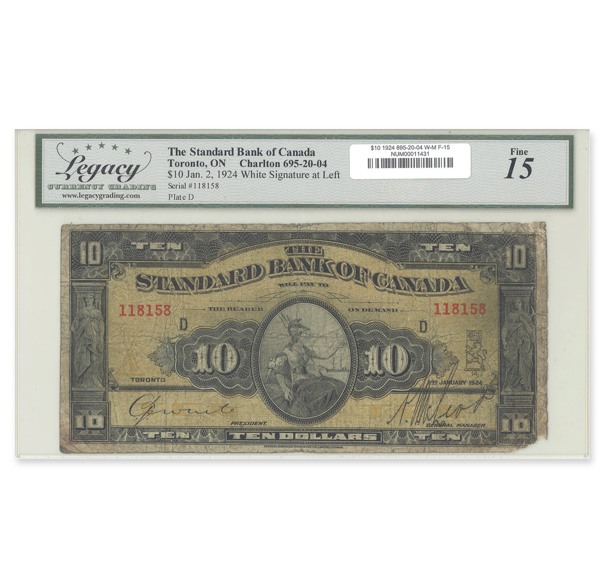 $10 1924 695-20-04 Standard Bank of Canada White-McLeod Legacy F-15 - ONLY 41 KNOWN