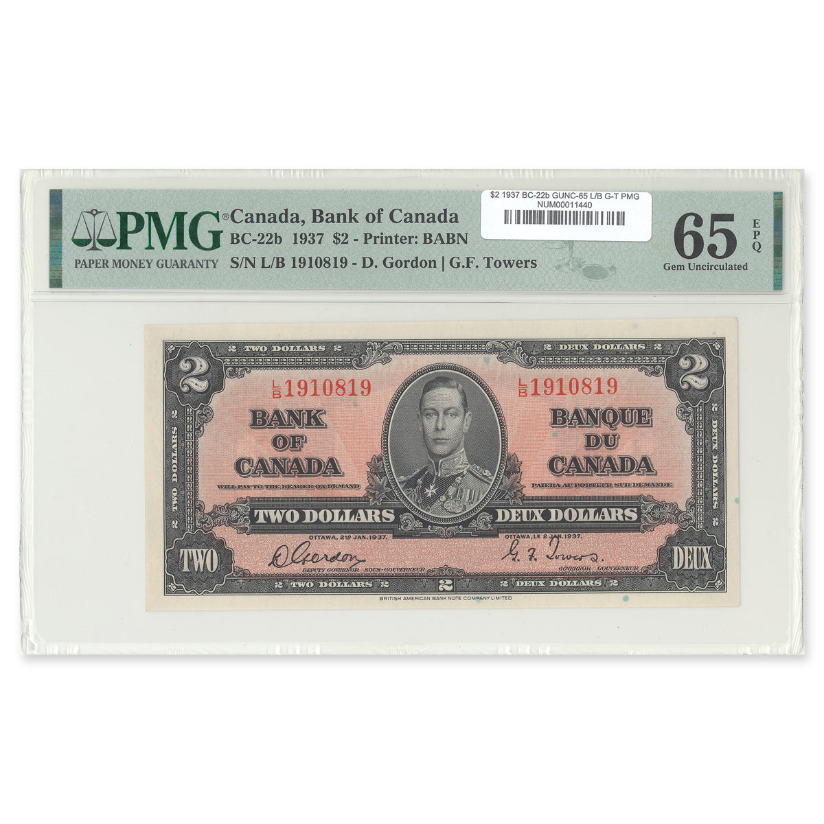 $2 1937 BC-22b Gordon-Towers Prefix L/B PMG GUNC-65
