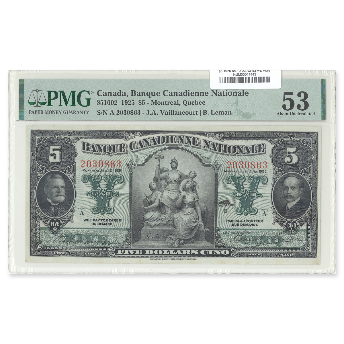 $5 1925 85-10-02 Vaillancourt-Leman PMG AU-53