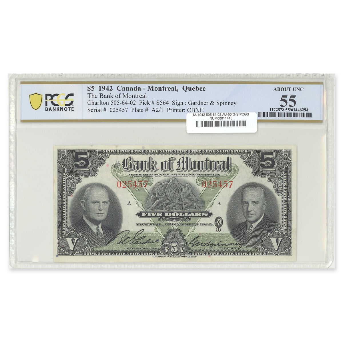 $5 1942 505-64-02 Gardner-Spinney PCGS AU-55