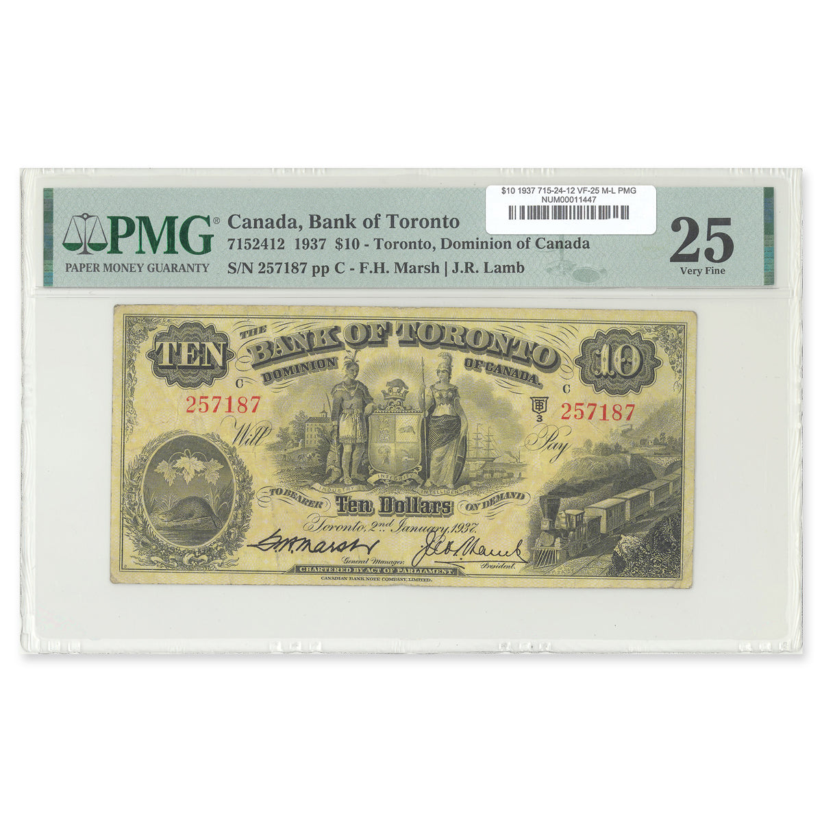 $10 1937 715-24-12 Marsh-Lamb PMG VF-25