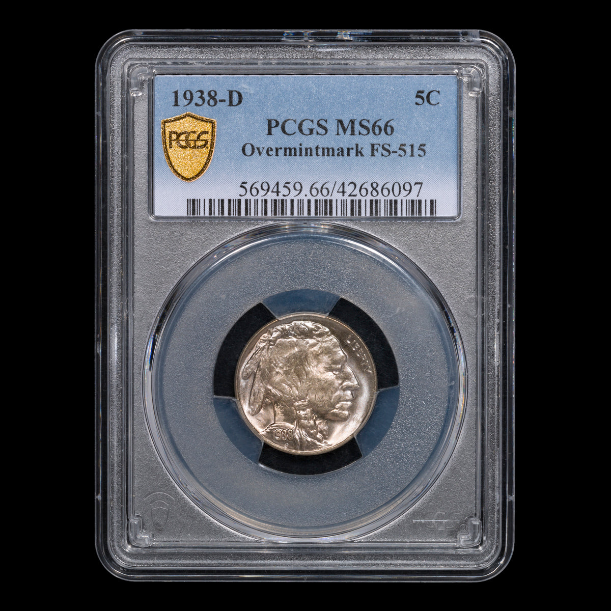 US 5 Cent Buffalo 1938D Overmintmark FS-515 PCGS MS-66