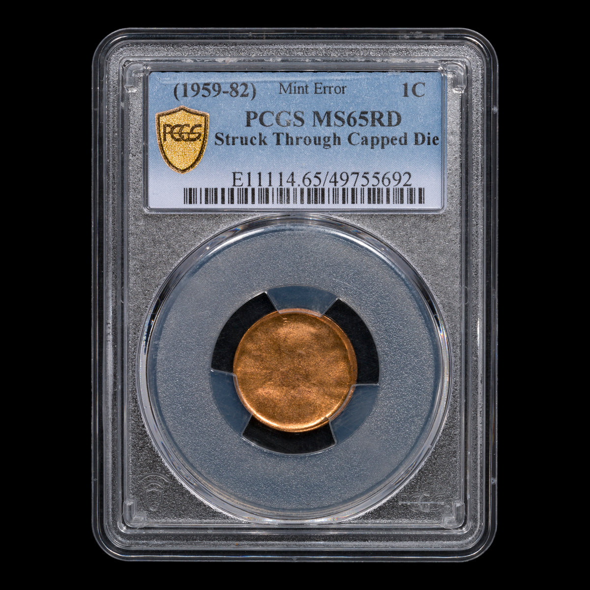 US 1 Cent Memorial (1959-82) Struck Through Capped Die PCGS MS-65 RD