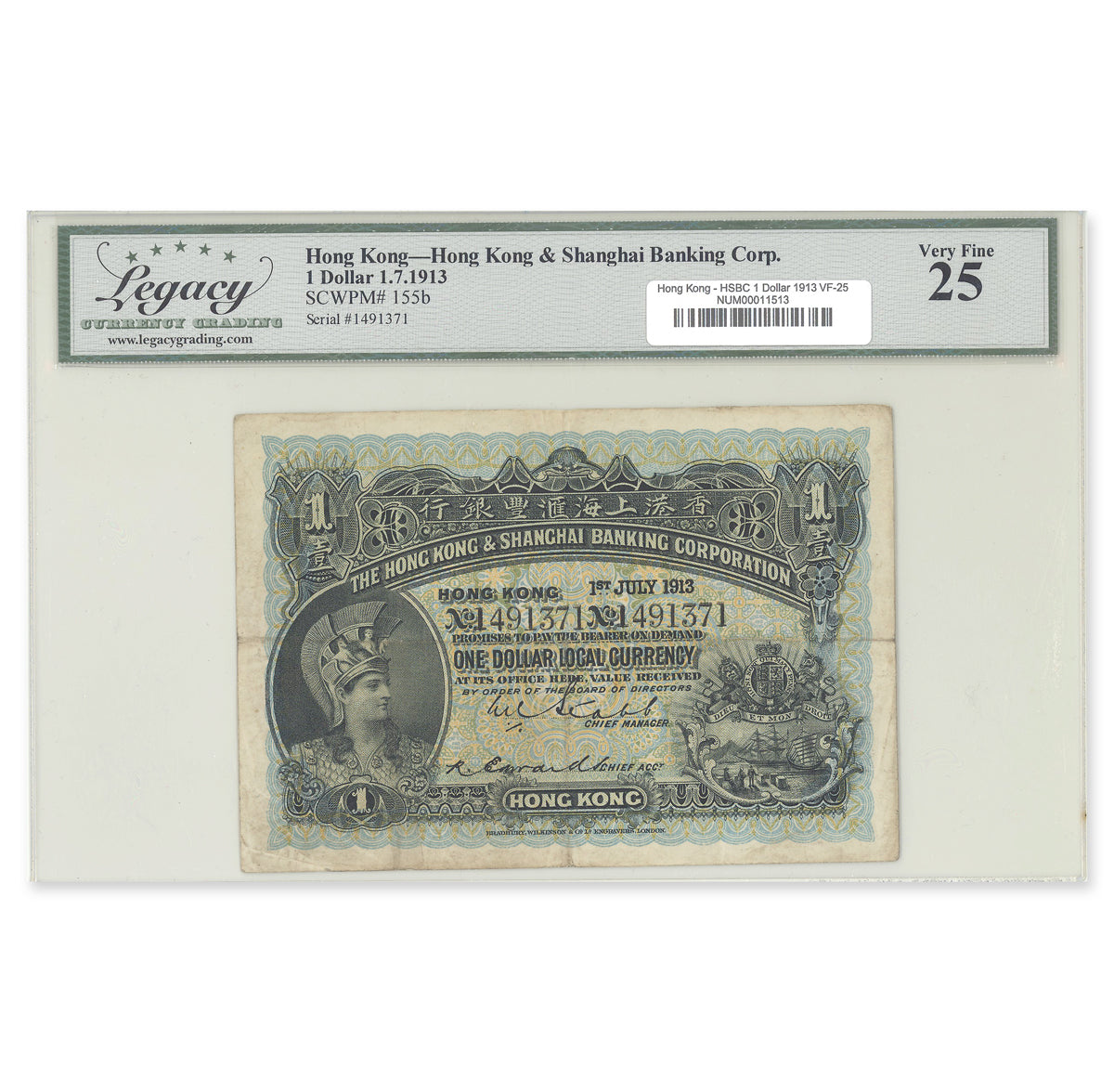 Hong Kong - Hongkong & Shanghai Banking Corporation 1 Dollar 1913 P# 155b Legacy VF-25
