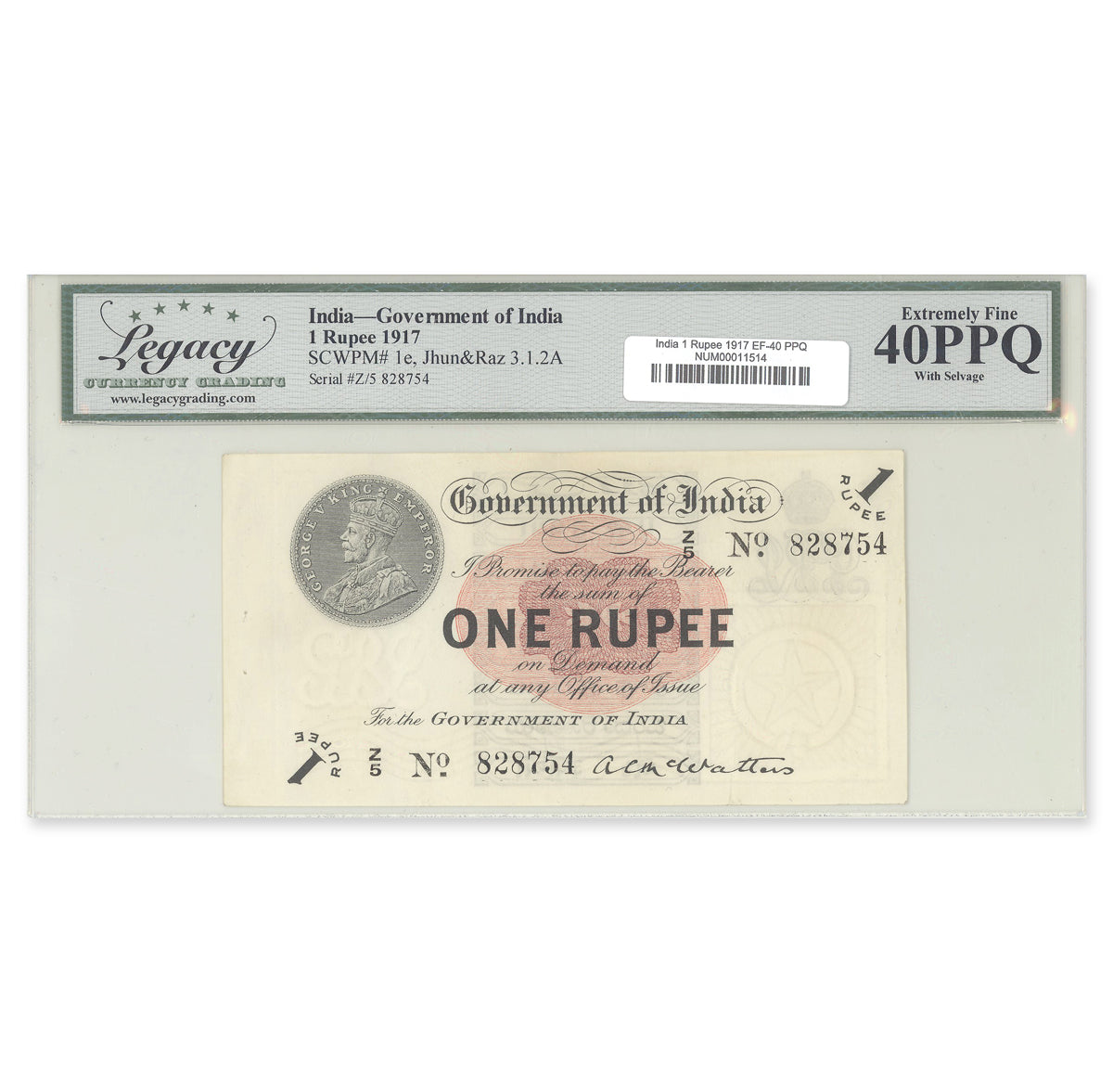 India - Government of India 1 Rupee 1917 P# 1e Legacy EF-40 PPQ, With Selvage