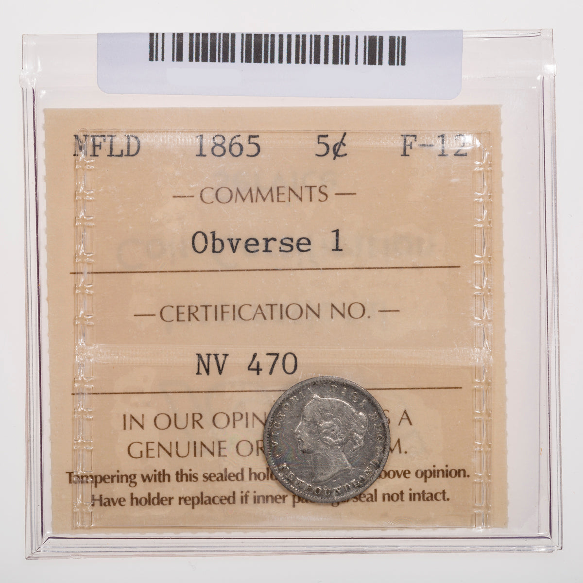 NFLD 5 Cent 1865 Obverse 1 ICCS F-12