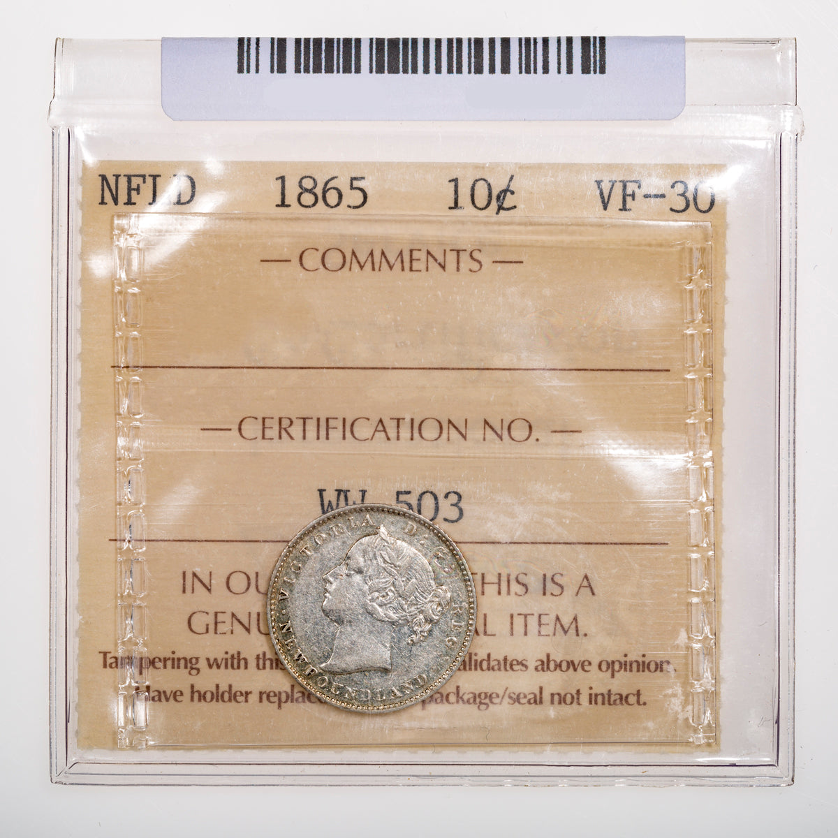 NFLD 10 Cent 1865 ICCS VF-30