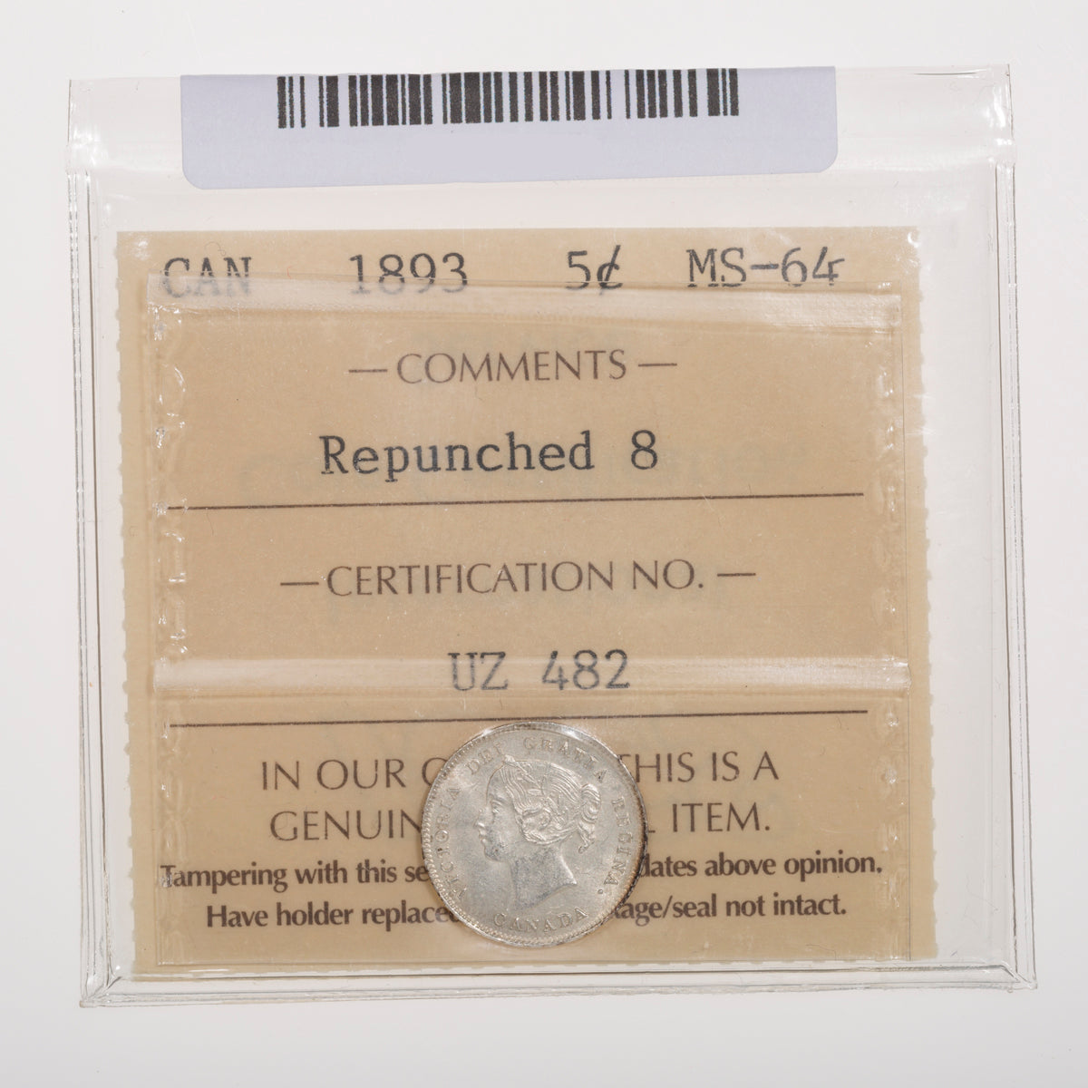 5 Cent 1893 Repunched 8 ICCS MS-64