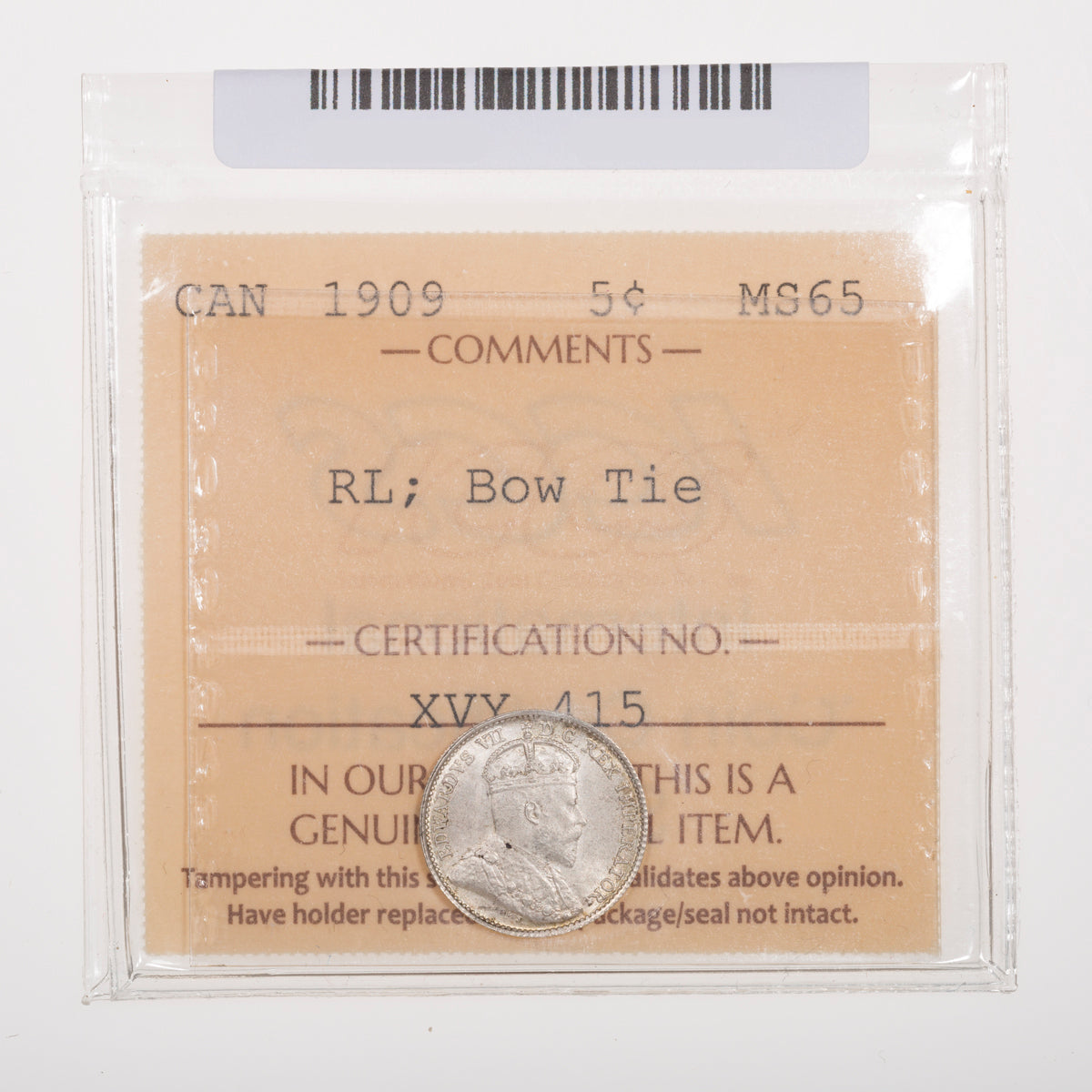 5 Cent 1909 Round Leaves Bow Tie ICCS MS-65