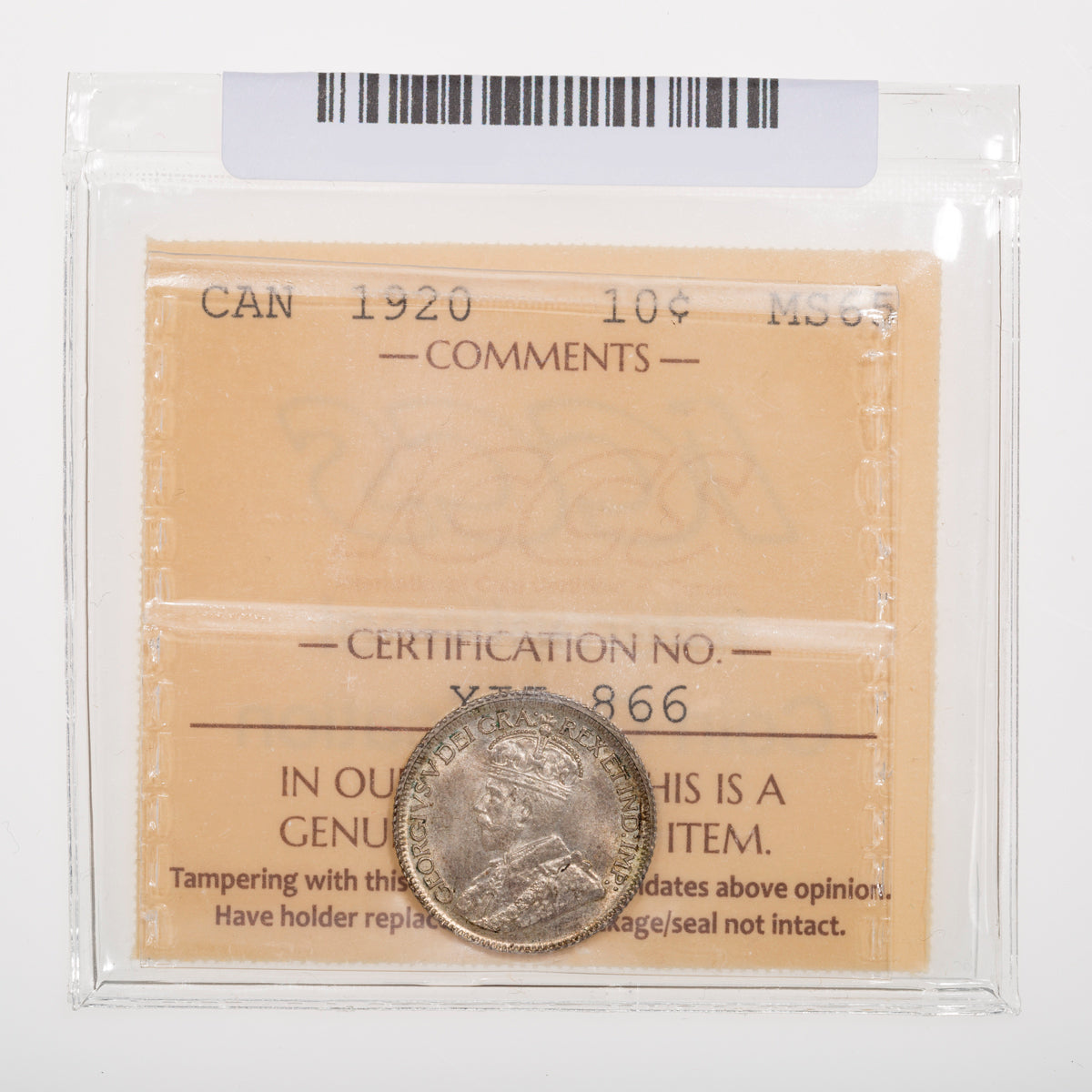 10 Cent 1920 ICCS MS-65