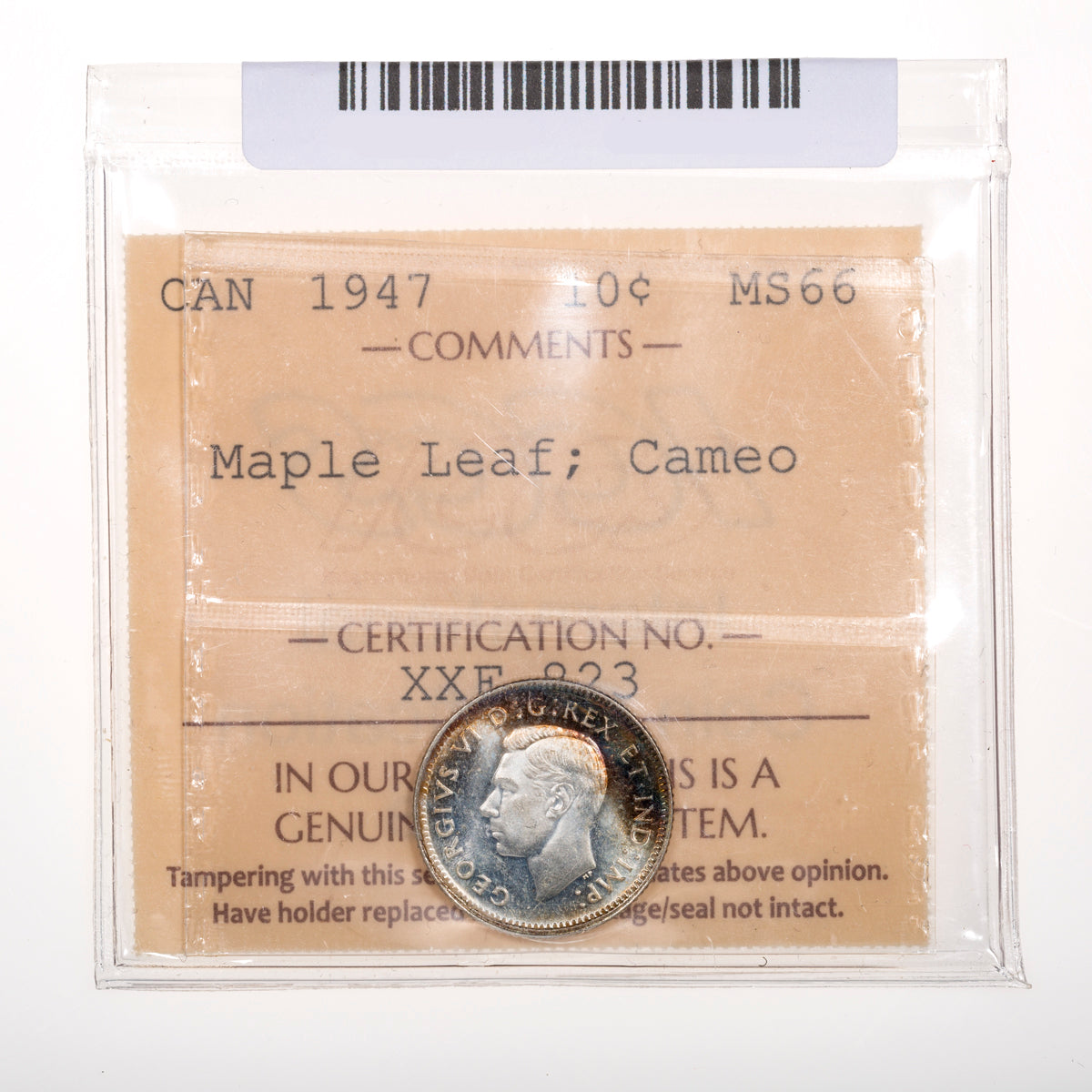 10 Cent 1947 Maple Leaf ICCS MS-66 Cameo