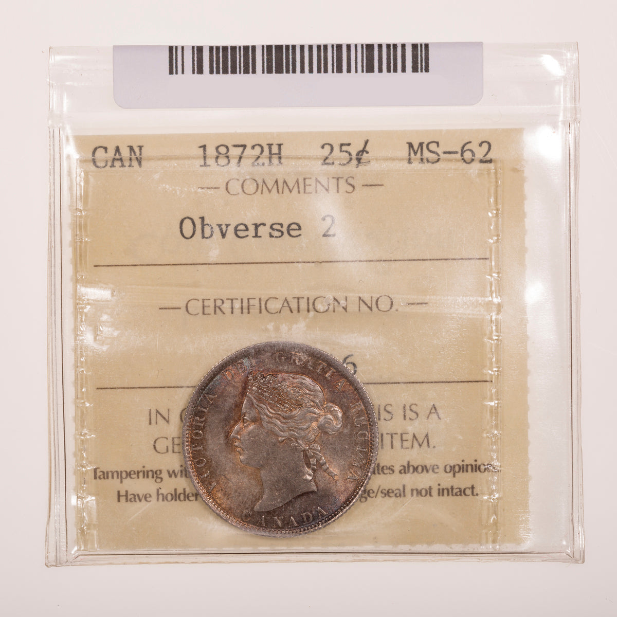 25 Cent 1872H Obverse 2 ICCS MS-62