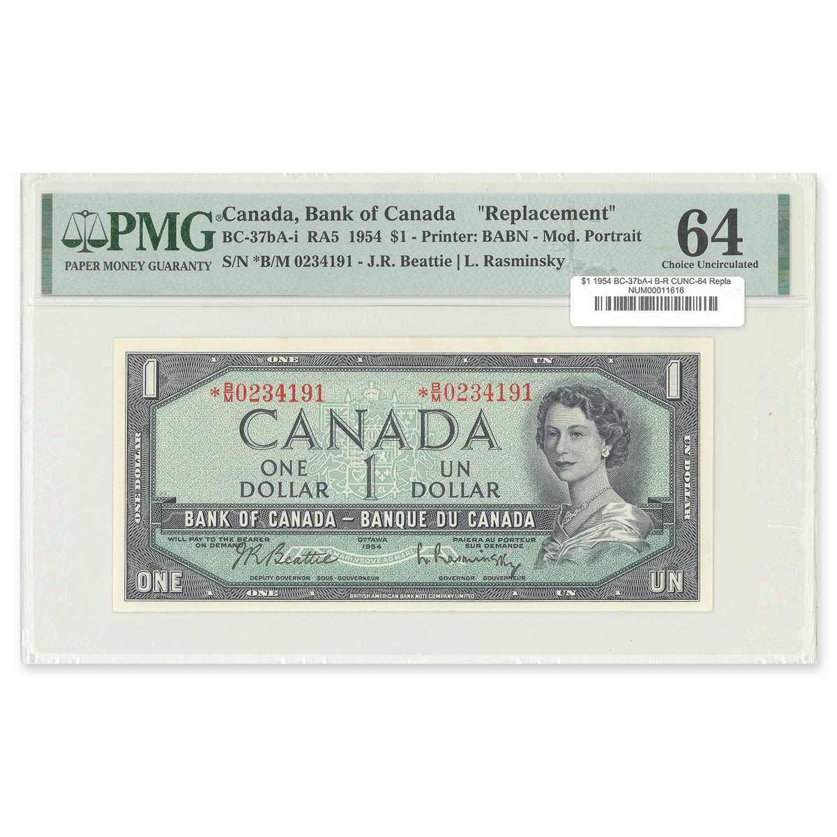 $1 1954 Modified Series BC-37bA-i Replacement Beattie-Rasminsky Prefix *B/M PMG CUNC-64