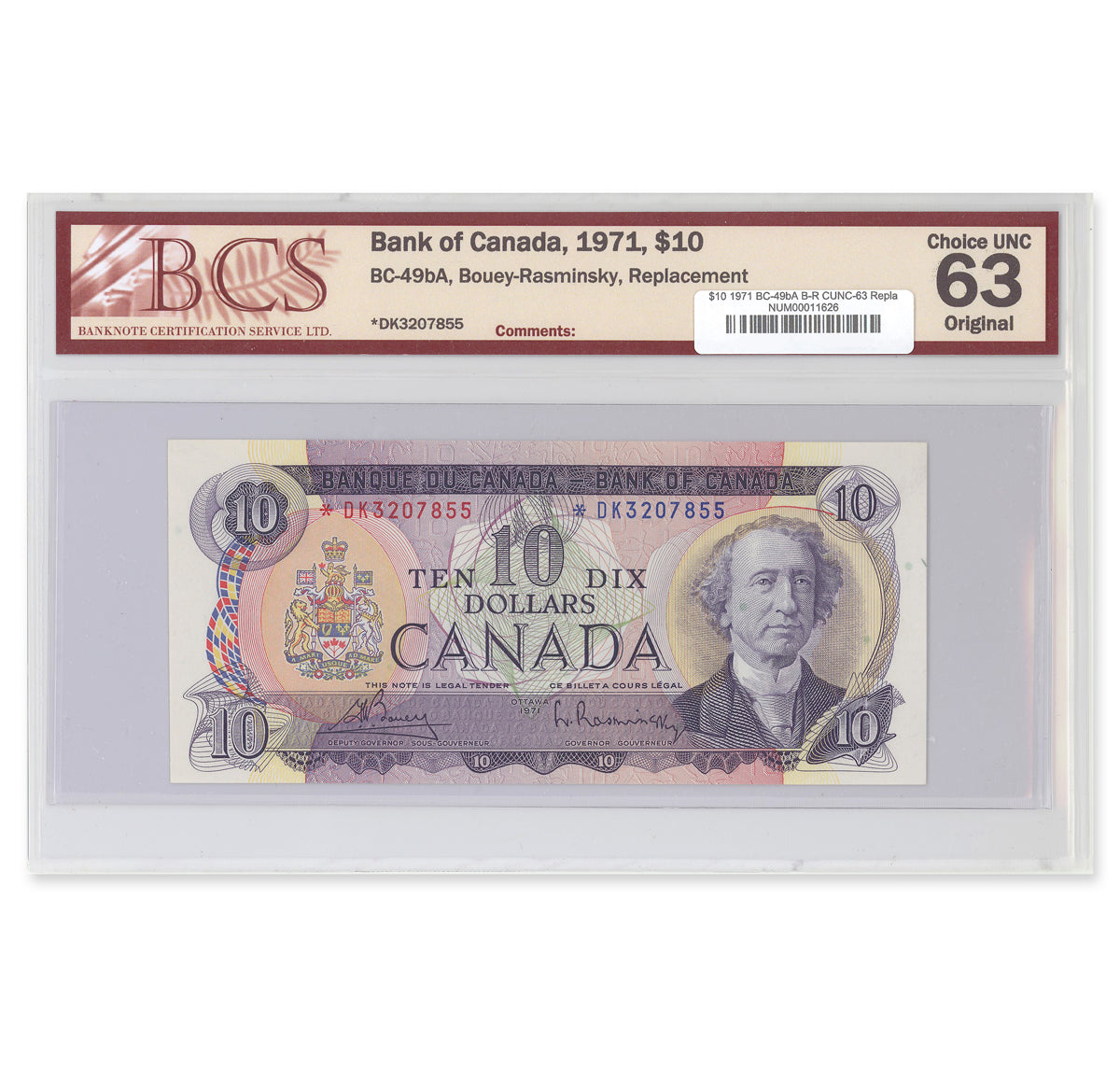 $10 1971 BC-49bA Replacement Bouey-Rasminsky Prefix *DK BCS CUNC-63 Original