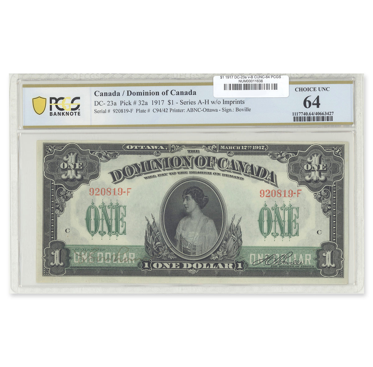 $1 1917 DC-23a various-Boville Suffix F PCGS CUNC-64