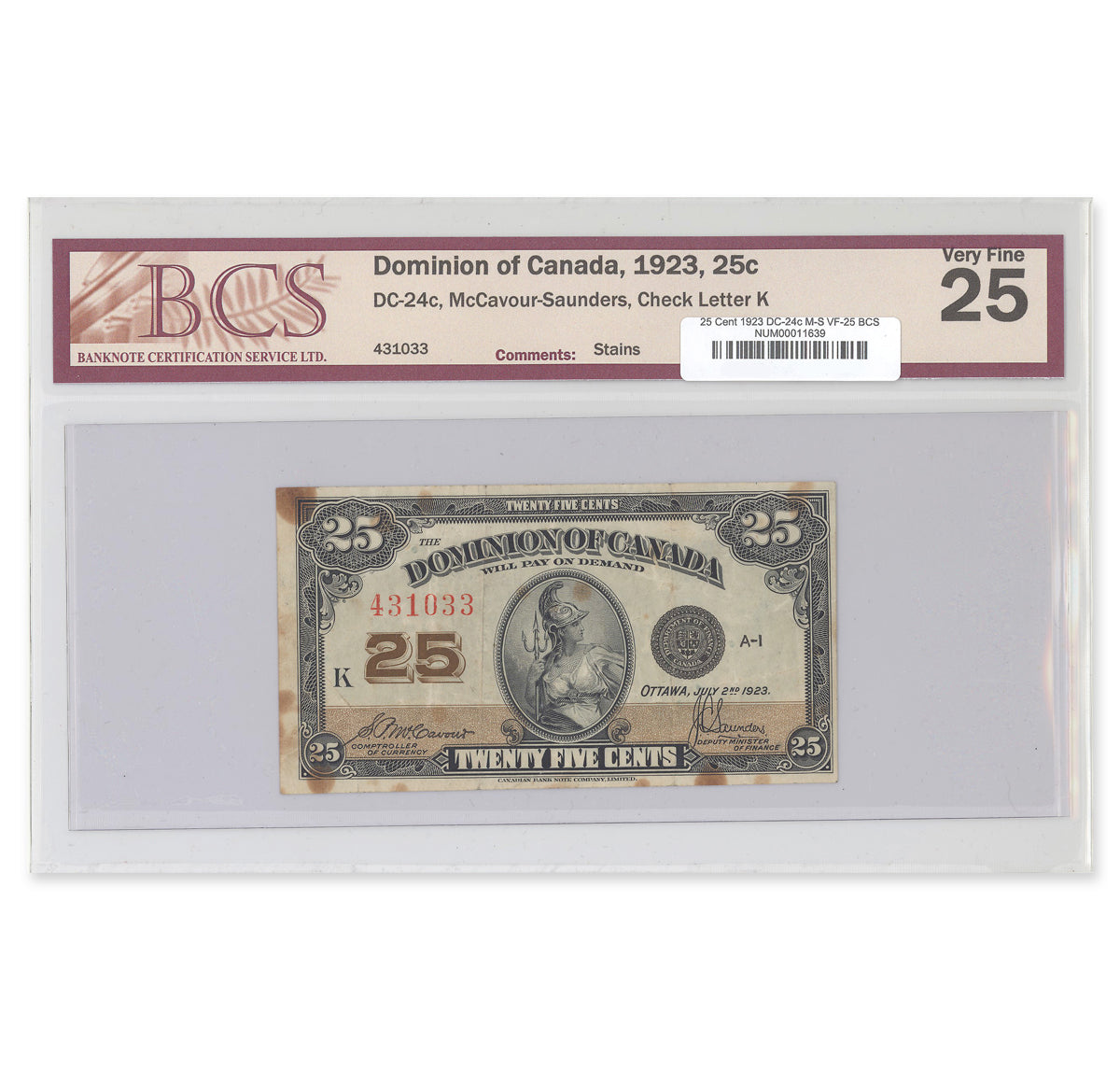 25 Cent 1923 DC-24c McCavour-Saunders Prefix K BCS VF-25