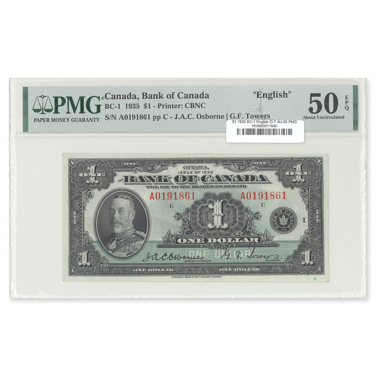 $1 1935 BC-1 English Osborne-Towers Prefix A PMG AU-50 EPQ