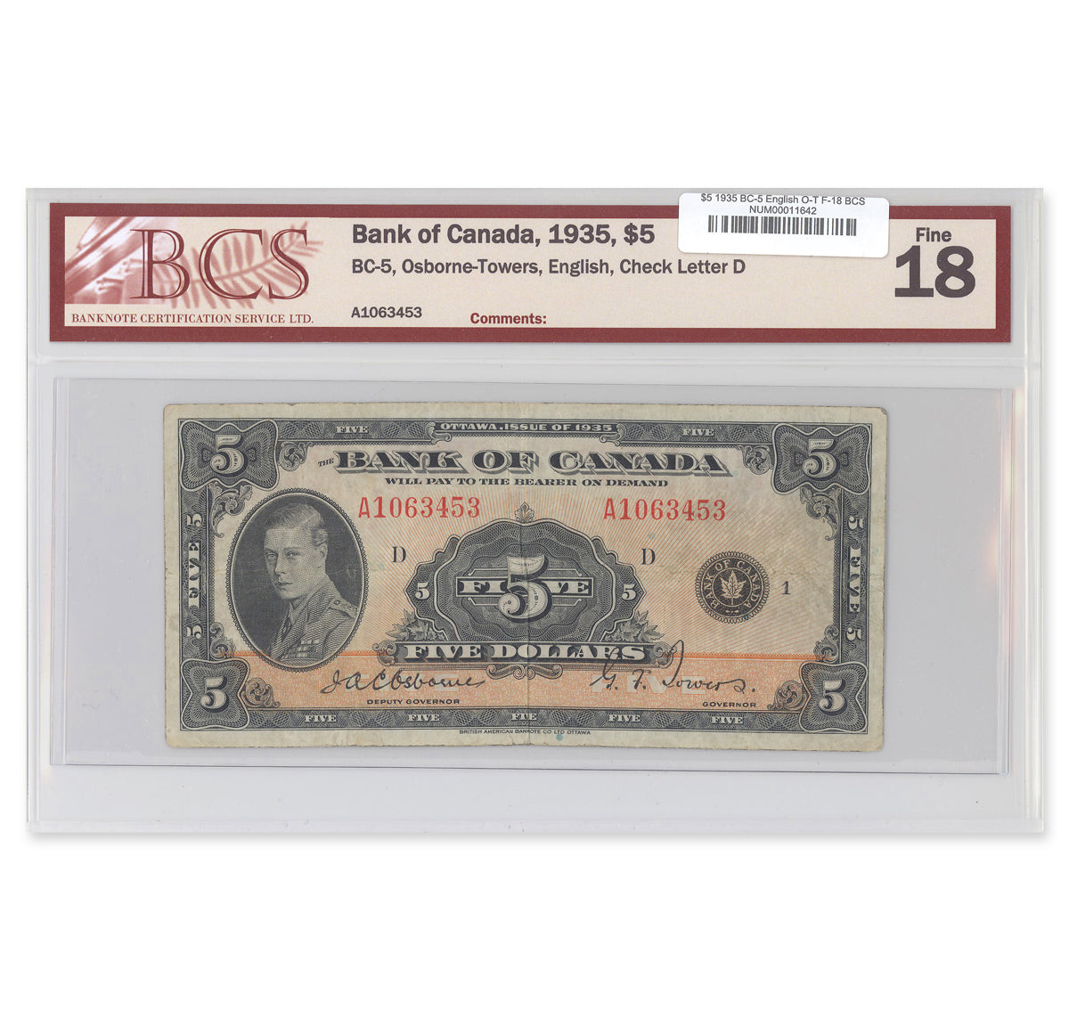 $5 1935 BC-5 English Osborne-Towers Prefix A BCS F-18