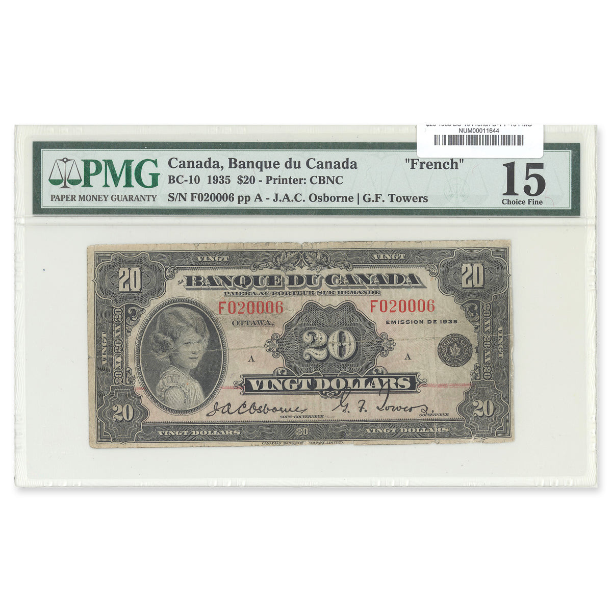 $20 1935 BC-10 French Osborne-Towers Prefix F PMG F-15