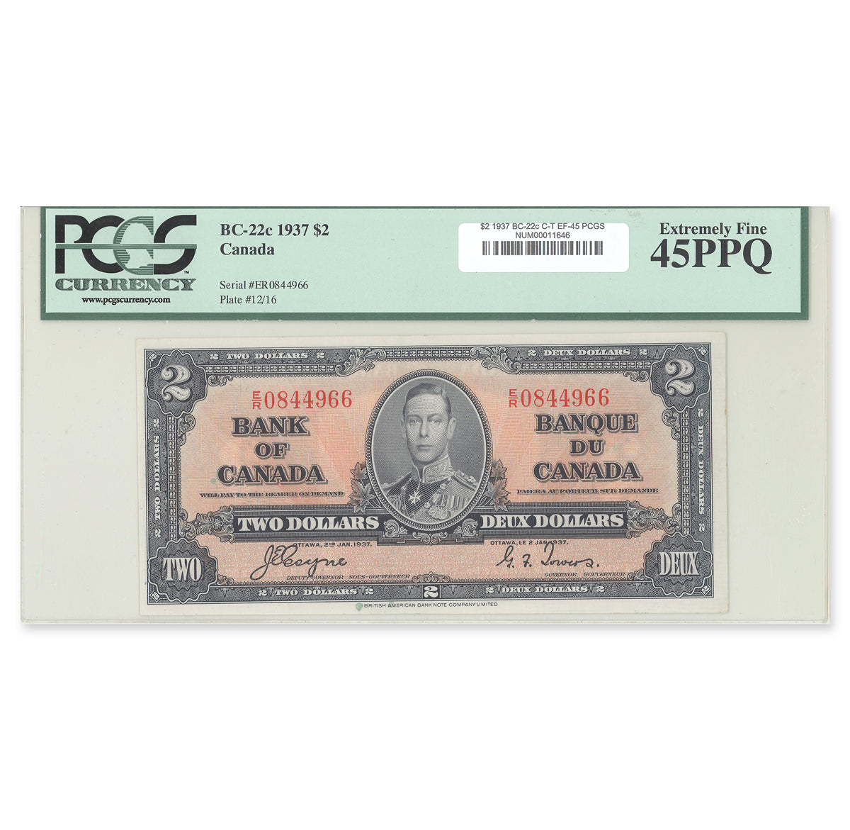 $2 1937 BC-22c Coyne-Towers Prefix E/R PCGS EF-45 PPQ