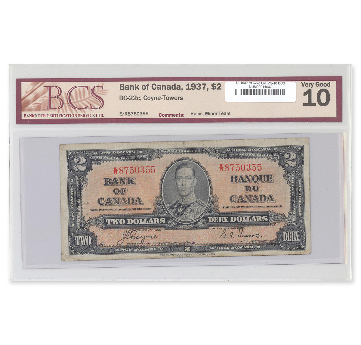 $2 1937 BC-22c Coyne-Towers Prefix E/R BCS VG-10