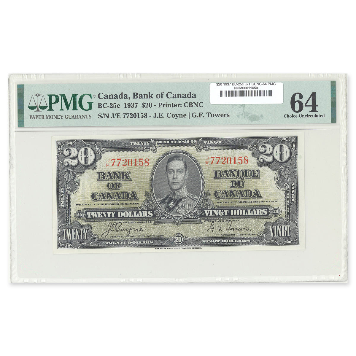 $20 1937 BC-25c Coyne-Towers Prefix J/E PMG CUNC-64