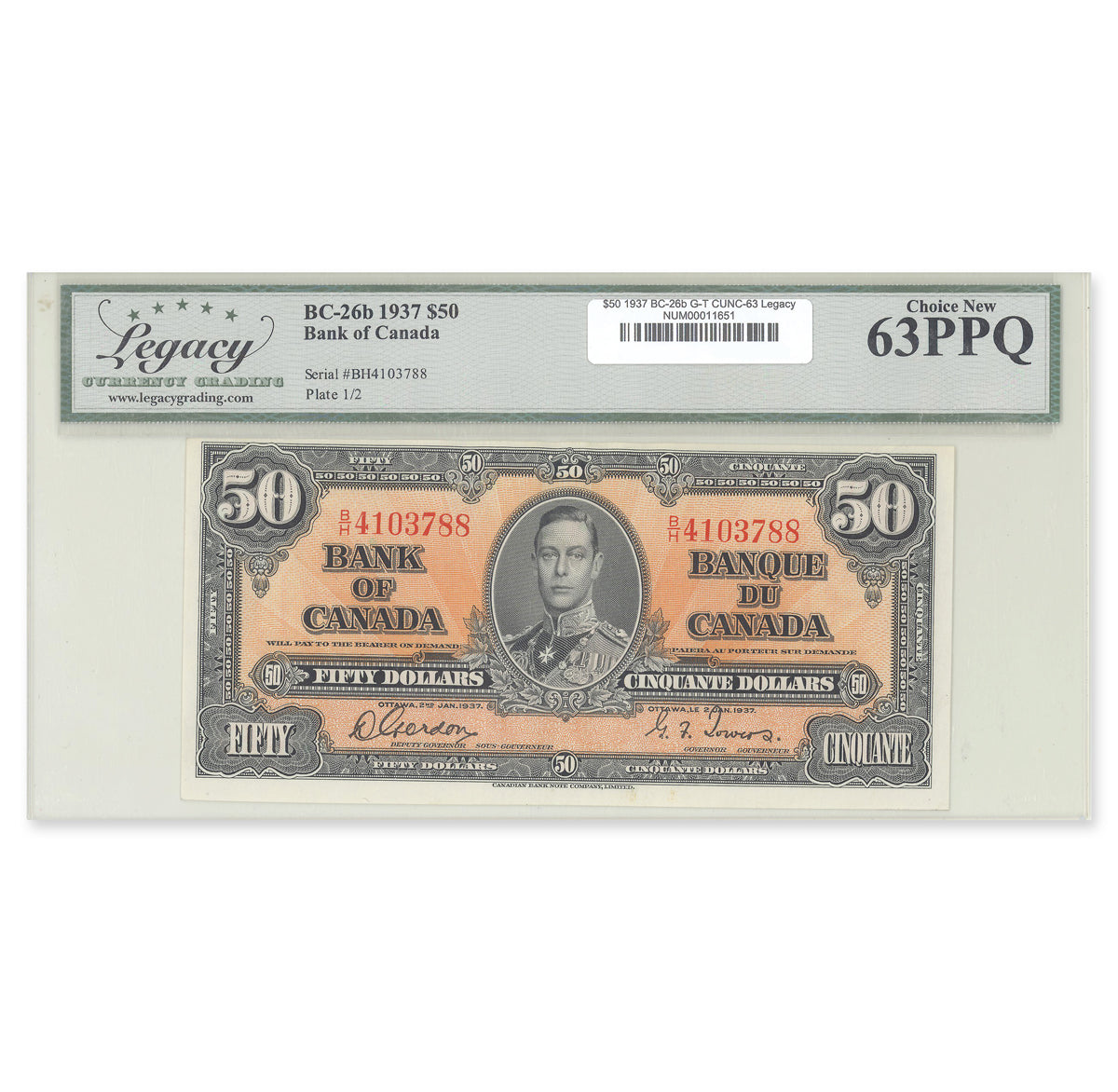 $50 1937 BC-26b Gordon-Towers Prefix B/H Legacy CUNC-63 PPQ