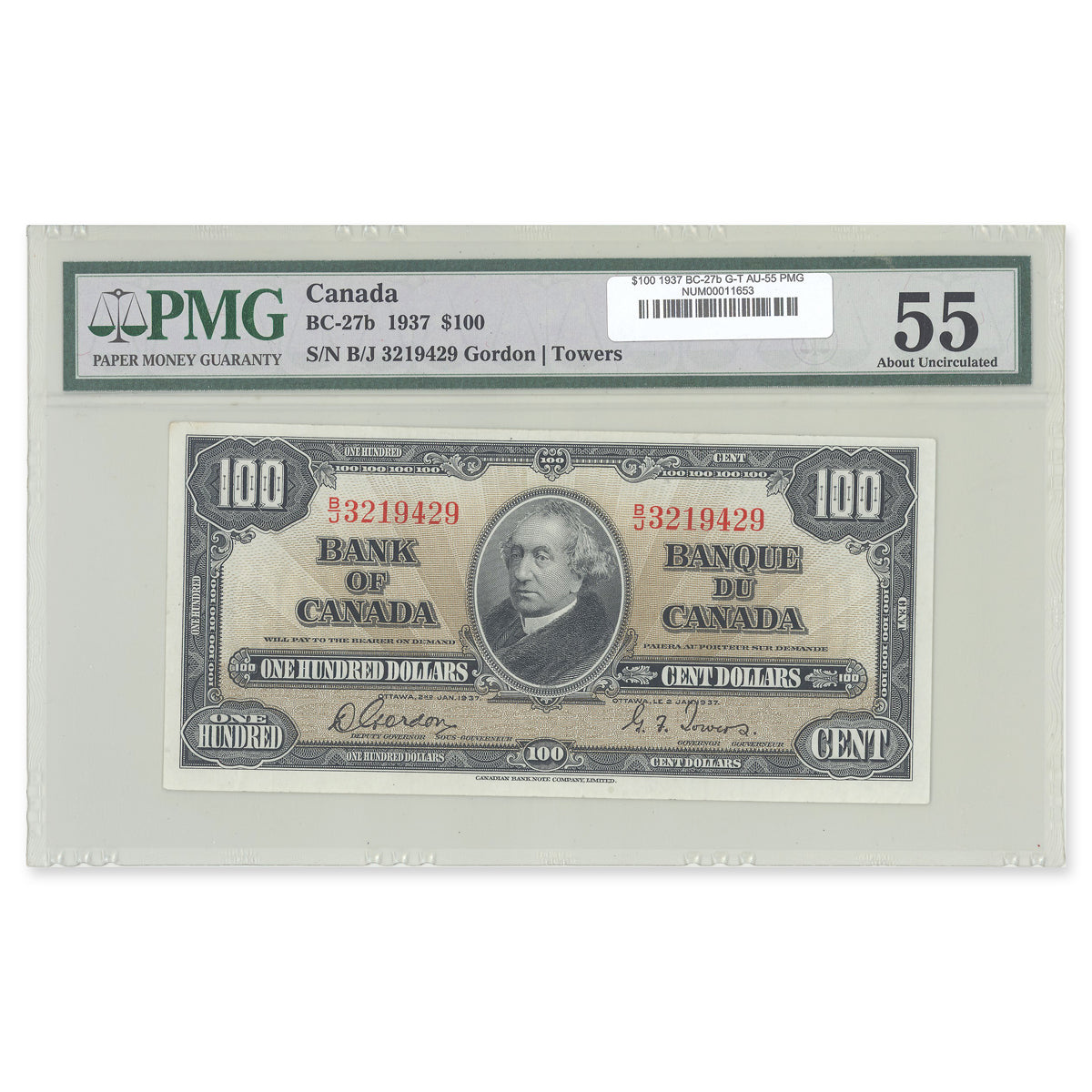 $100 1937 BC-27b Gordon-Towers Prefix B/J PMG AU-55